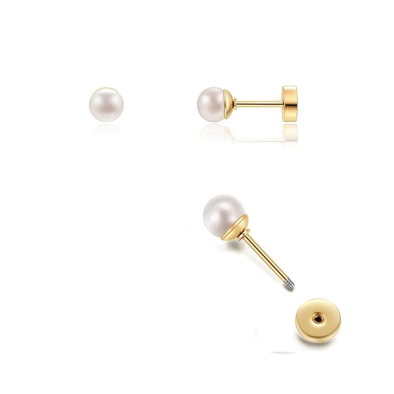 El Regalo Pearl Stud Earrings- 14K Gold Finish Screw Back Pearl Hypoallergenic 316L Surgical Steel Stud Earrings for Girls/Kids/Women- Cartilage/Helix Earrings Earrings (5mm)