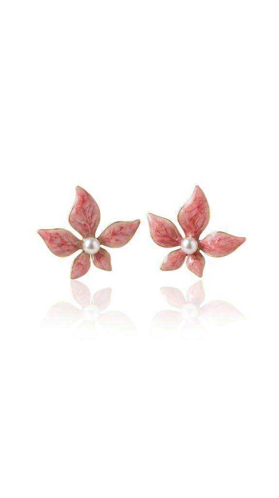 El Regalo 1Pair Stainless Steel Flower Pearl Earrings for Girls & Women | Gold Plated Retro Vintage Floral Enamel Stud Earrings | Anti-Tarnish Hypoallergenic Earrings | Cute & Elegant Studs (Pink)