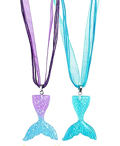 El Regalo 2Pcs Mermaid Fish Tail Necklaces Set- Mermaid Fishtail Necklace Gorgeous Pendant Necklace for Mermaid Birthday Supplies Girl's Party Ocean Theme Party Supplies (Color Option- 3)