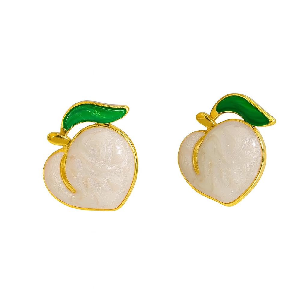 El Regalo Cute Gold Plated Stainless Steel Oil Drop Peach Stud Earrings for Girls & Women | Hypoallergenic Fruit Themed Fashion Earrings (White)