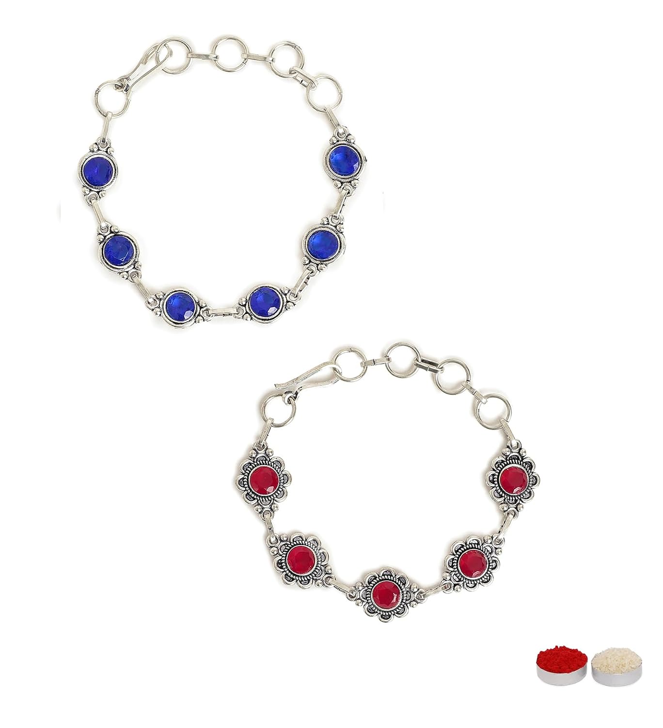 El Regalo 2PCs Designer Stones Studded Bracelet Rakhis Set for Bhaiya/Bhabhi - Rakhi Combo with Roli-Chawal Shagun, Message Card in Rakhi Gift Box (Red Blue)