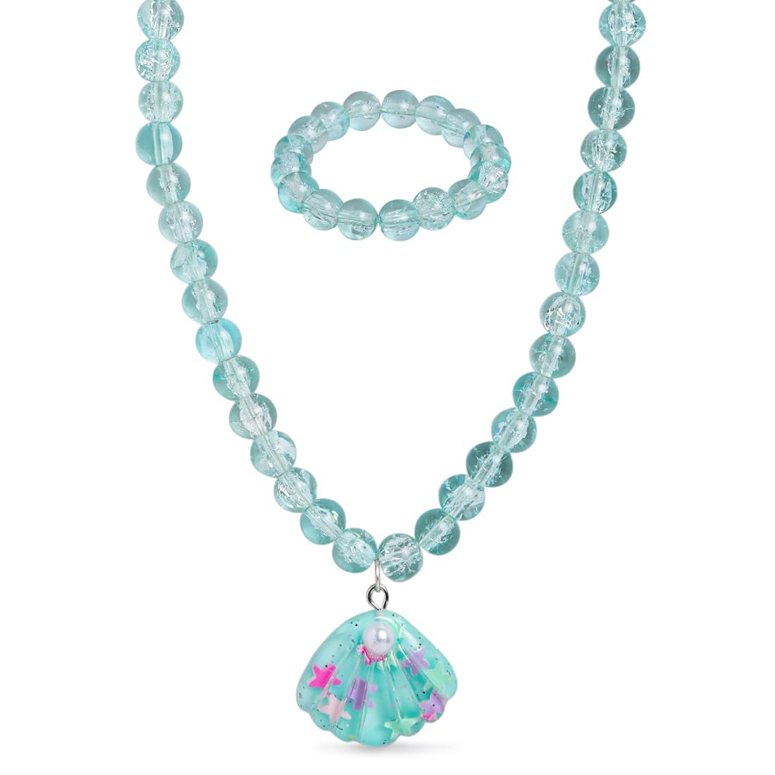 El Regalo 2 PCs Resin Shell Pendant Colorful Sparkly Crackle Beads Pendant Necklace & Bracelet Set for Kids/Girls- Christmas/Birthday Gift for Girls Kids (Ocean Blue)
