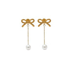 El Regalo Elegant 18K Gold Plated Stainless Steel Drop Earrings for Women & Girls | Tarnish-Free, Waterproof, Hypoallergenic Statement Fancy Western Earring Collection | Variations: Bow, Moon & Star, Starfish, Knot | For Office, Party & Gifting (Pearl Bow