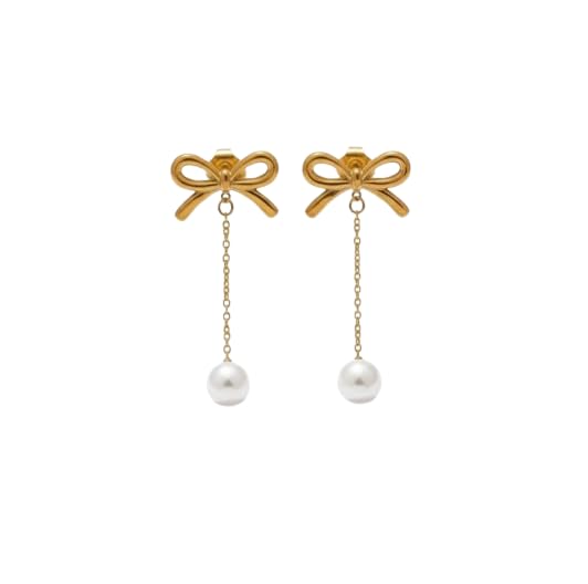 El Regalo Elegant 18K Gold Plated Stainless Steel Drop Earrings for Women & Girls | Tarnish-Free, Waterproof, Hypoallergenic Statement Fancy Western Earring Collection | Variations: Bow, Moon & Star, Starfish, Knot | For Office, Party & Gifting (Pearl Bow