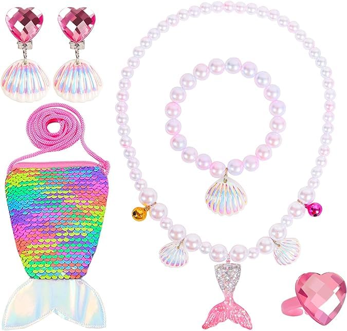 El Regalo Mermaid Jewelry for Girls,Toddler Mermaid Accessories for Kids Mermaid Necklace for Girls Mermaid Jewelry Set with Mermaid Purse Costume Jewelry (Pink)