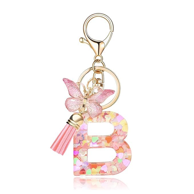 El Regalo Personalized Name Initials Butterfly Charm Keychain - Custom Letter Keyring with Pink Tassel & Butterfly Pendant, Purse, Bag, Backpack Accessory (B Letter)