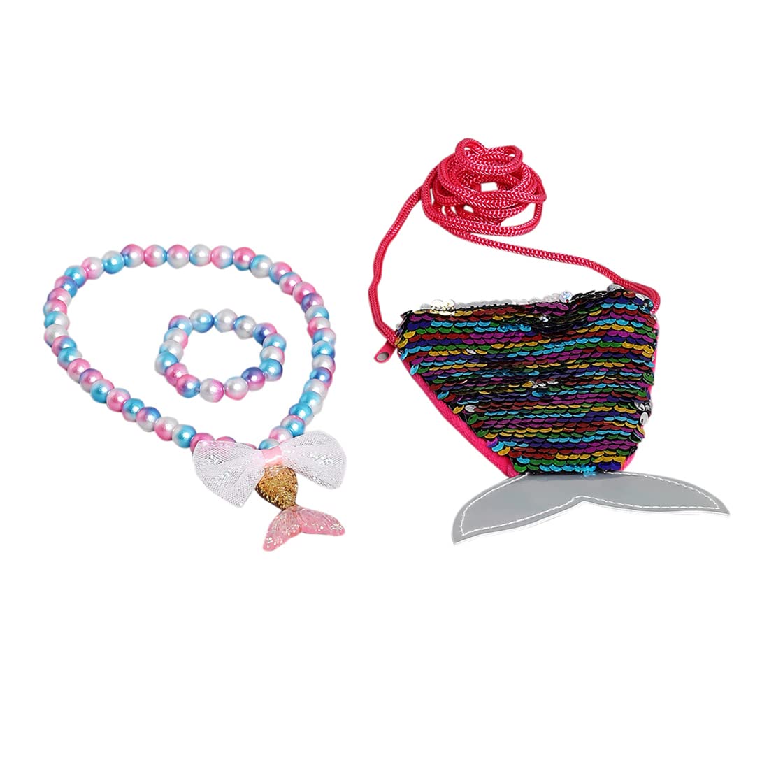El Regalo 3 PCs Set of Mermaid Princess Girls Kids Necklace & Bracelet with Coin Pouch - Sequins Mermaid Tail Coin Purse Necklace Bracelet Gifts for Girls/Kids/Toddlers (Option-2)