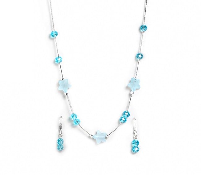 El Regalo 2PCs Crystals Beads Necklace & Earrings Jewelry Set for Kids/Girls & Teens - Shimmering/Matt Crystal Beads Fancy Jewelry Set (Blue Stars)