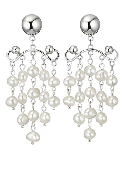 El Regalo Contemporary Silver-Tone Earrings with Cascading Pearls - Modern Pearls Tassel Drop Earrings for Women & Girls