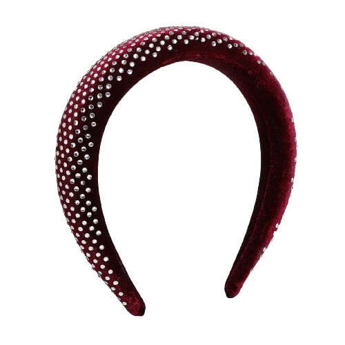 El Regalo Rhinestone Valvet Broad Party Headband- Padded Crystal Rhinestone Headband Embellished Hair Retro Jewelled Hairband Hair Accessory for Women Girl Wedding Parties Birthday (Maroon Red)