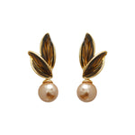El Regalo Exquisite Champagne Leaf Pearl Drop Earrings for Women - Vintage Glossy Pearl Leaf Stud Earrings - Elegant Jewelry for Special Occasions