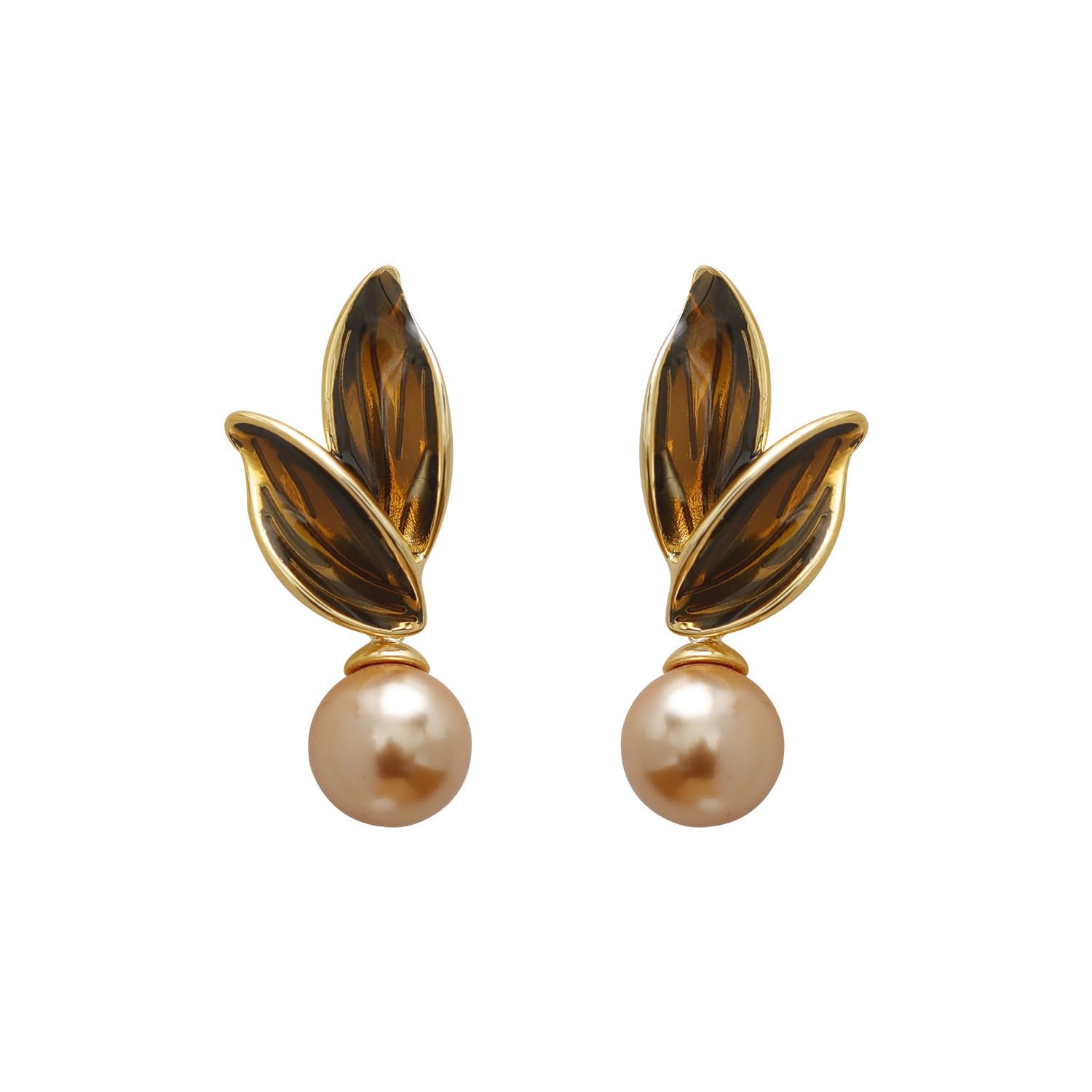 El Regalo Exquisite Champagne Leaf Pearl Drop Earrings for Women - Vintage Glossy Pearl Leaf Stud Earrings - Elegant Jewelry for Special Occasions