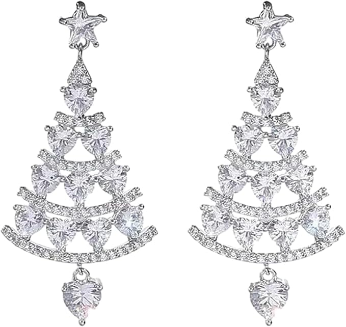 El Regalo CZ Dangling Christmas Tree Stud Earrings for Women & Girls- Rhinestone In-Laid Christmas Tree Dangle Earrings (Silver)