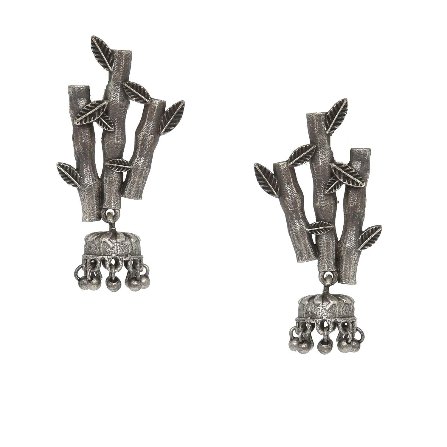 El Regalo & Unique Vintage Style Jhumka Earrings in Oxidized Silver Finish with Classy Bamboo Studs- Oxidized Silver Jhumkas