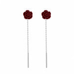 El Regalo Minimalist Flower Threader Earrings for Women & Girls | Cute Tiny Floral Chain Drop Earrings | Modern Style Dainty Long Tassel Earrings (Red Rose)