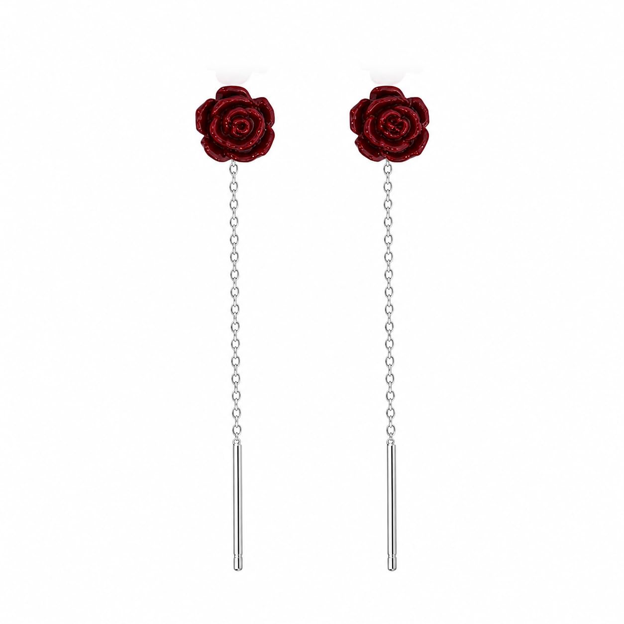 El Regalo Minimalist Flower Threader Earrings for Women & Girls | Cute Tiny Floral Chain Drop Earrings | Modern Style Dainty Long Tassel Earrings (Red Rose)