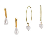 El Regalo 2 Pairs Pearls Earrings - Drop and Heart Pearls Dangle Golden Brass Earrings for Girls & Women