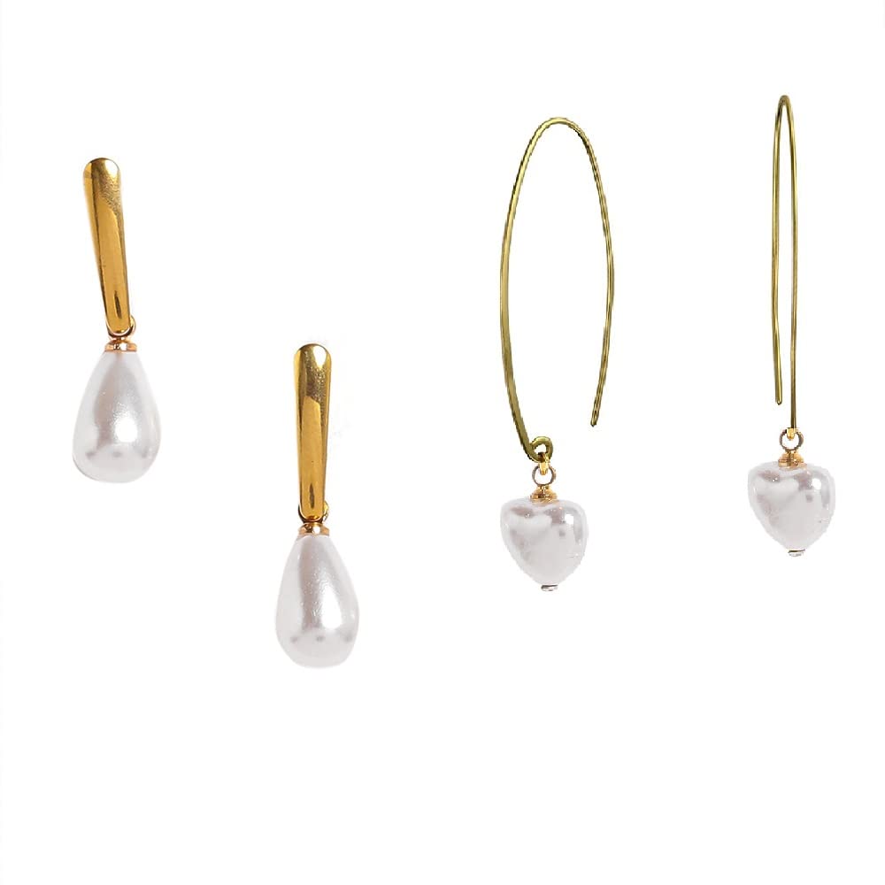 El Regalo 2 Pairs Pearls Earrings - Drop and Heart Pearls Dangle Golden Brass Earrings for Girls & Women