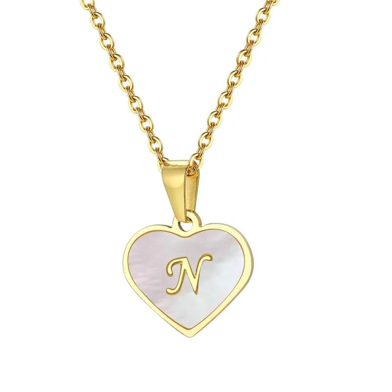 El Regalo Unisex Personalized Heart Name Initial Letters Pendant Necklaces - Stainless Steel Golden Heart Mother of Pearl Name Initials Letters Jewelry - Hypoallergenic Cursive Letters (A-Z) (N)