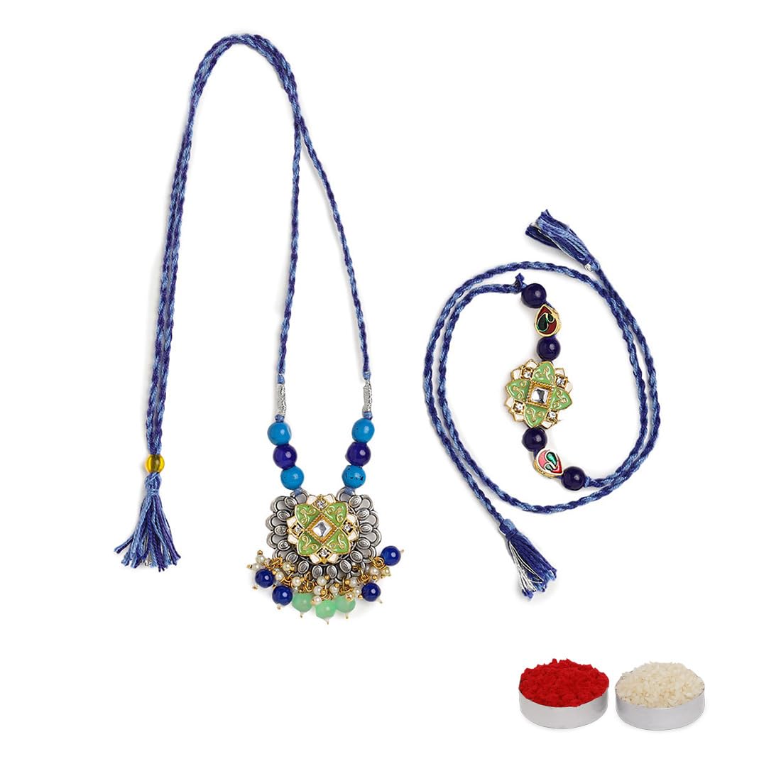 El Regalo Designer Bhaiya- Bhabhi Rakhi Luma/Lumba Set- Kundan, Pearls Rakhi with Roli Chawal in Gift Box- Luma Convertible into Necklace (Option-9)