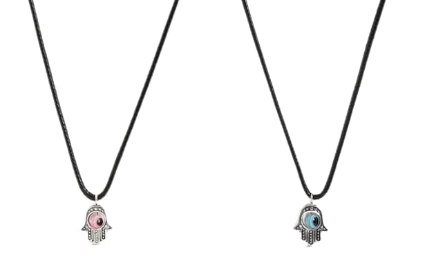 El Regalo 2PCs Evil Eye Hamsa Hand Pendant Necklaces Set for All- Kids, Girls, Boys, Men & Women- Lucky Pink & Blue Evil Eye Hamsa Hand for Best Firends/Couples