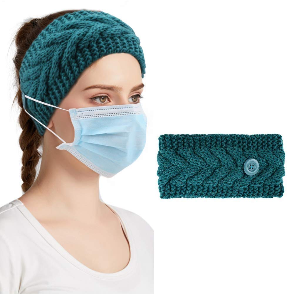 El Regalo Knitted Winter Twist Warm Wool Headband with Buttons for Face Mask Cover for Unisex (Sea Green)