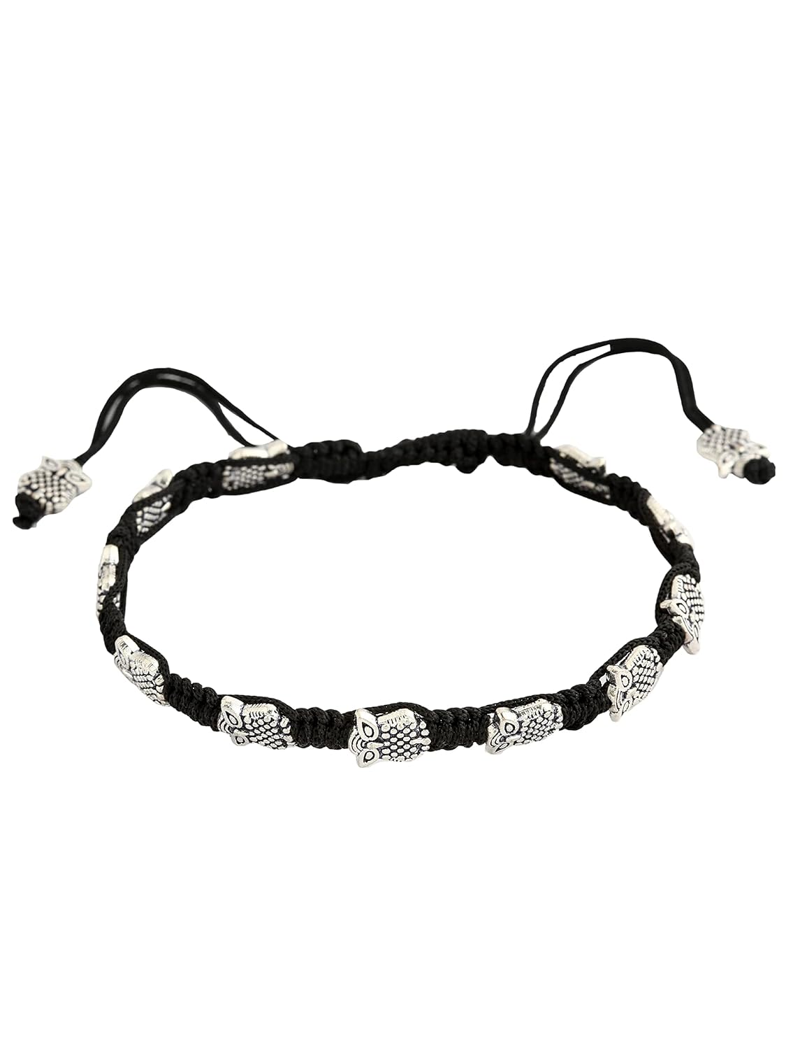 El Regalo 1 PC Boho Macrame Adjustable Oxidized German Silver Bead Nazabattu Anklet for Girls & Women- 1 Leg Bohemian Tribal Thread Anklet (Owl Nazarbattu Anklet)
