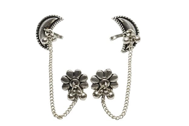 El Regalo Ethnic Oxidized Floral-Crescent Moon Ear Cuffs - Handmade Silver Lookalike Ghunghru Earrings with Ear Clips for Women & Girls - Antique Brass Earrings with Chain Connection