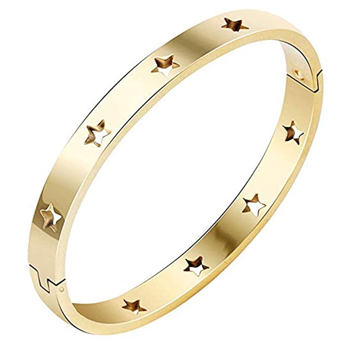 El Regalo Stainless Steel Stars Open Clasp Classical Plain Bangle Bracelet for Girls & Women (6.7" circumference) (Golden)