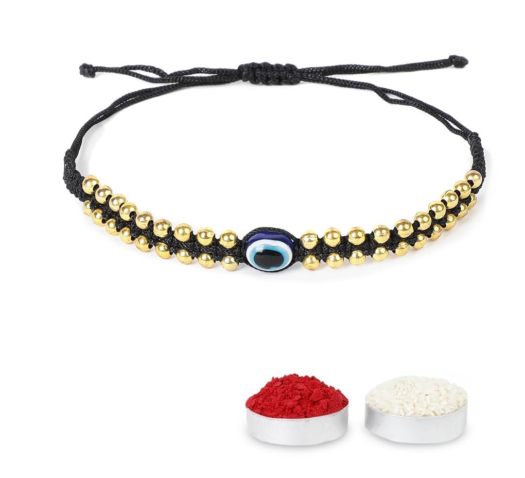 El Regalo Simple & Elegant Evil Eye Rakhi for Brother- Silver & Golden Beads Evil Eye Bracelet Rakhi for Brother/Bhai/Bhaiya with Roli Chawal in Rakhi Gift Box (Black Golden)