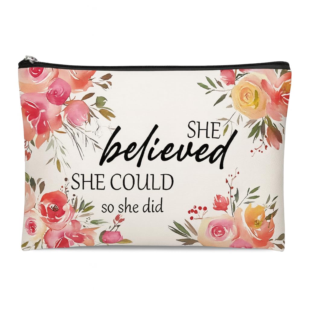 El Regalo 1 PC Canvas Cosmetic Bags Makeup Bags Travel Toiletry Pouch/ 10 x 7.5 inch Inspirational Gifts for Women Motivational Quotes Makeup Bag for Women Girls (She Believed She Could)