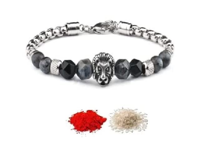 El Regalo Rakhi for Bhai- Lion Stainless Steel Bracelet Rakhi with Faceted Semi Precious Stones - Natural Healing Stones Stainless Steel Rakhi for Brother/Nephew/Bhatija (Option-1)