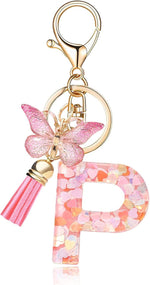 El Regalo Personalized Name Initials Butterfly Charm Keychain - Custom Letter Keyring with Pink Tassel & Butterfly Pendant, Purse, Bag, Backpack Accessory (P Letter)