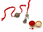 El Regalo Red Lumba Rakhi Set For Bhaiya Bhabhi - German Silver Rakhi Combo Set with Roli Chawal, Message Card in Rakhi Gift Box