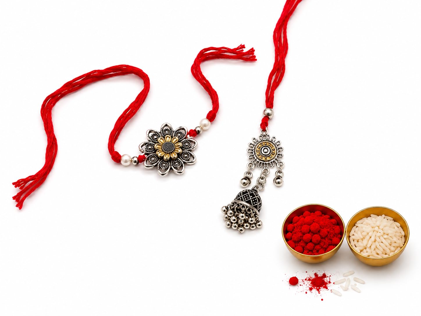 El Regalo Red Lumba Rakhi Set For Bhaiya Bhabhi - German Silver Rakhi Combo Set with Roli Chawal, Message Card in Rakhi Gift Box