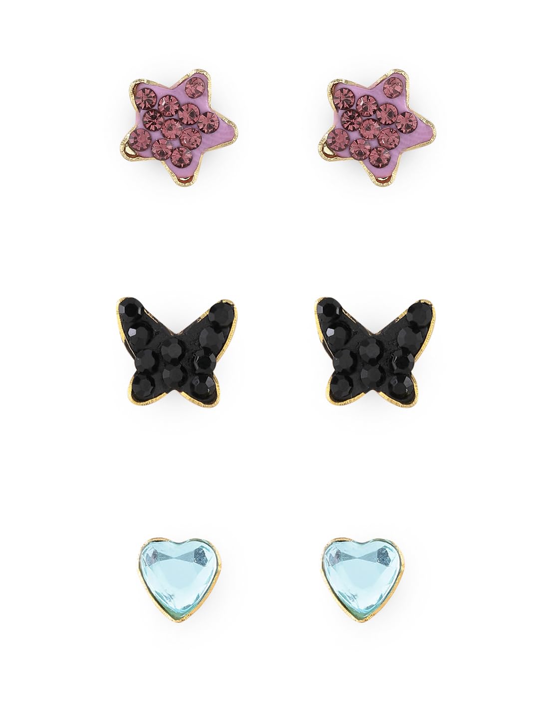 El Regalo 3 Pairs Cute Stainless Steel CZ Stud Earrings Combo for Kids/Girls/Teens/Women - Stars, Heart, Flower, Butterfly, Disco Ball, Stones - Hypoallergenic Flatback Earrings (Option-3)