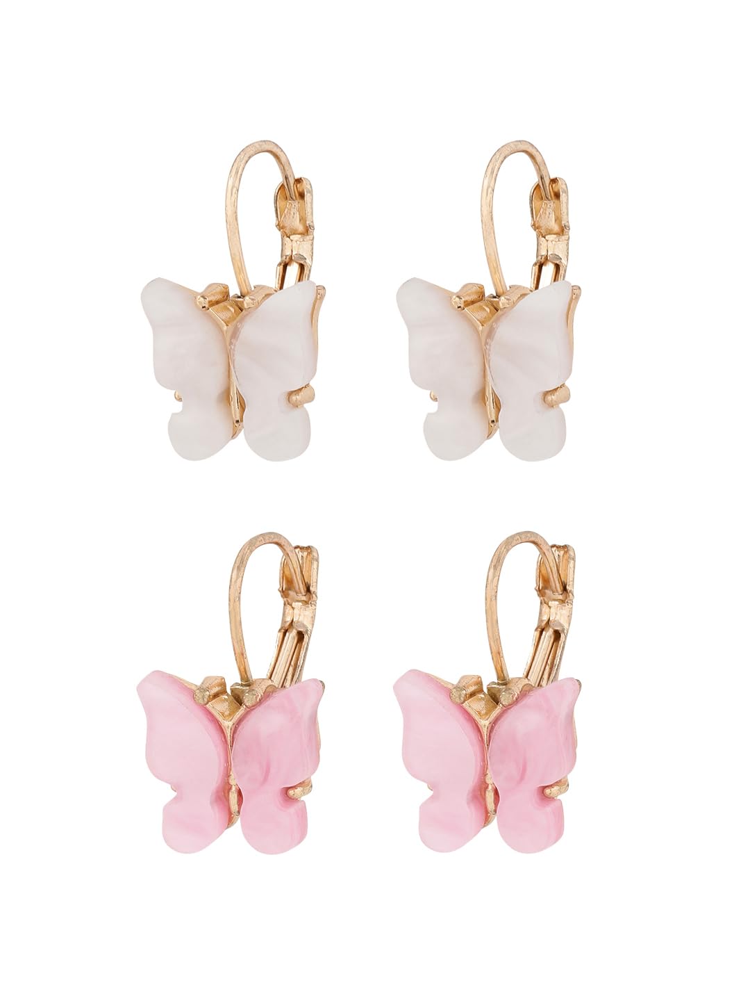 El Regalo Cute 2 Pairs Butterfly Lever Hook Earrings Combo for Girls & Women- Elegant Small Butterfly Hoop Earrings- Gift for Girls/Her (White & Pink)