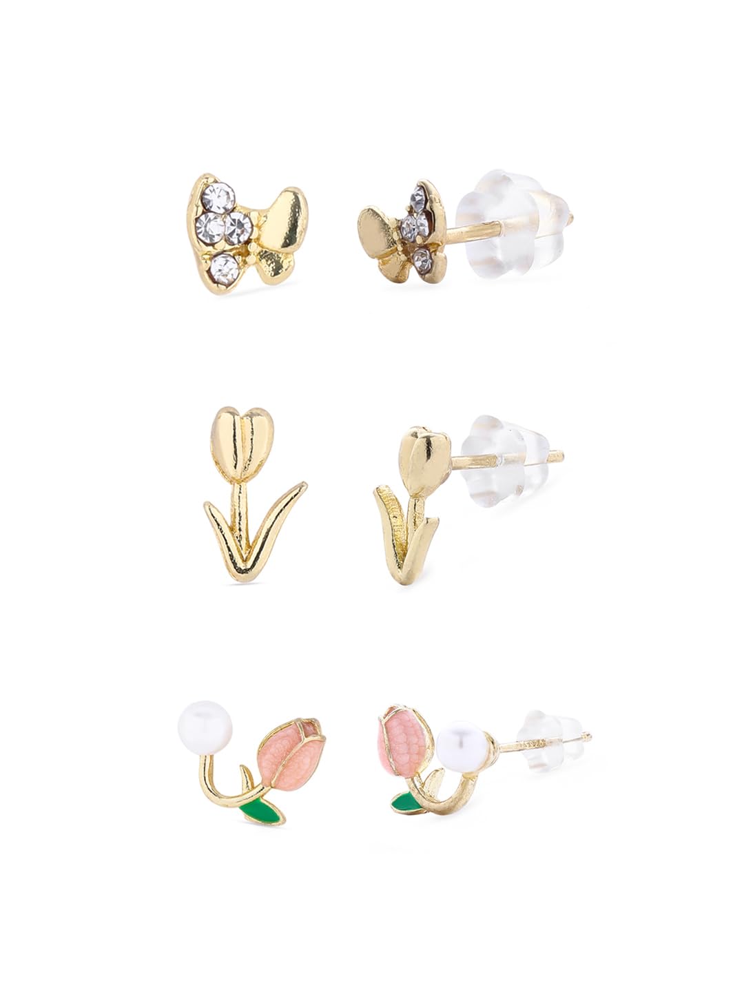 El Regalo 3PCs Cute & Tiny Flower & Butterfly Stud Earrings Set for Girls & Women - CZ Butterfly, Golden Tulip Bud & Pink Flower Pearl Crawler Earrings Combo