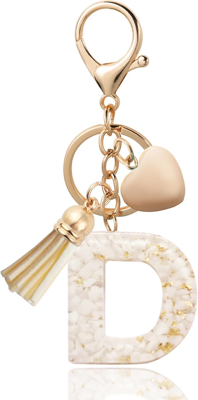 El Regalo Name Initials Letter Heart Charm Keychain - Personalized Resin Initial Keyring with Tassel, Cute & Durable Backpack Charm for Women & Girls (D Letter)