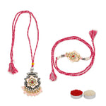 El Regalo Designer Bhaiya- Bhabhi Rakhi Luma/Lumba Set- Kundan, Pearls Rakhi with Roli Chawal in Gift Box- Luma Convertible into Necklace (Option-7)
