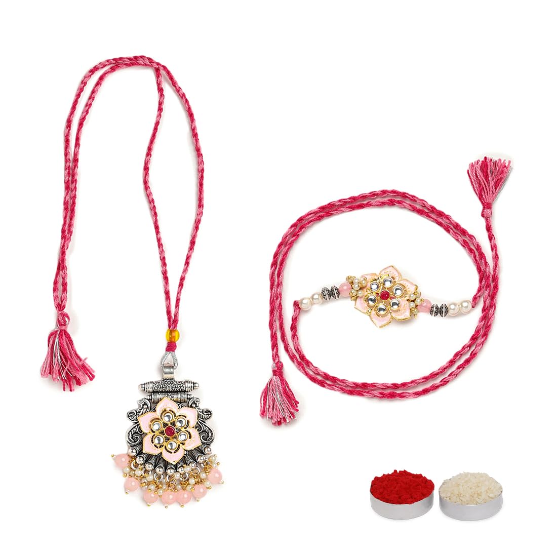 El Regalo Designer Bhaiya- Bhabhi Rakhi Luma/Lumba Set- Kundan, Pearls Rakhi with Roli Chawal in Gift Box- Luma Convertible into Necklace (Option-7)