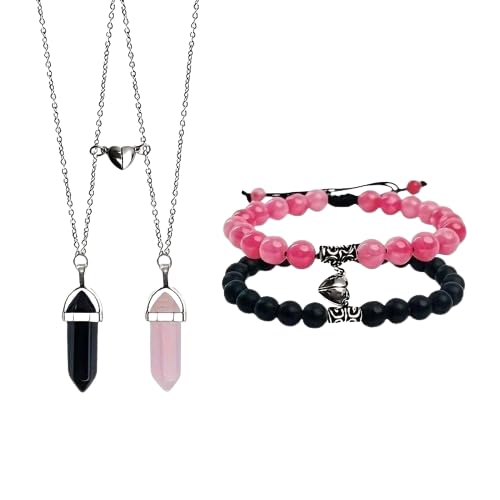 El Regalo Unisex Adult 4Pcs/Set Valentines Day Special- Love Friendship Magnet Heart Bullet Stones Necklace & Bracelet Set For Couples/Best Friends/Besties (Peachy Pink & Black)