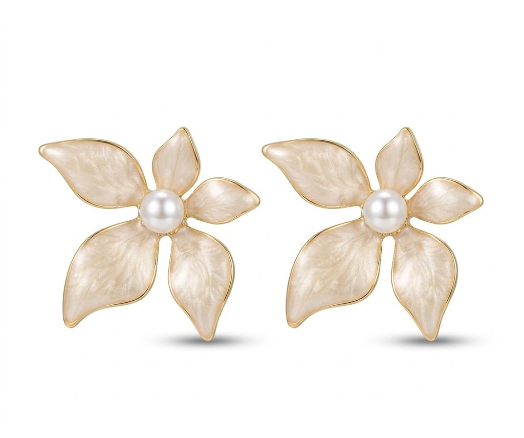 El Regalo 1Pair Stainless Steel Flower Pearl Earrings for Girls & Women | Gold Plated Retro Vintage Floral Enamel Stud Earrings | Anti-Tarnish Hypoallergenic Earrings | Cute & Elegant Studs (White)