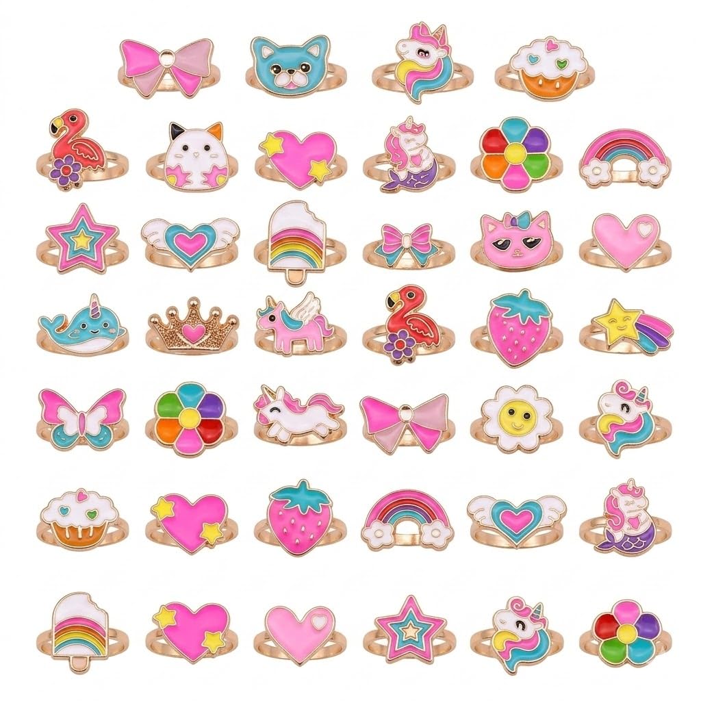 El Regalo 36 Pcs Adjustable Enamel Kids Rings - Unicorn, Rainbow, Strawberry, Flowers & More | No-Duplicate Dress-Up Jewelry Box for 4-12 Year Old Girls - Birthday, Christmas, Valentines (Style-2)