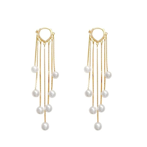 El Regalo Elegant Pearls Tassel Hoop Earring- Long Pearls Dangle Statement Party Hoop Earrings for Women & Girls