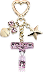 El Regalo Personalized Glitter Initial Letter Keychain for Girls & Women - Cute Pink Resin Alphabet Keyring with Heart & Star Charms - Fancy Luxury Bag Accessory & Birthday Gift (Letter T)