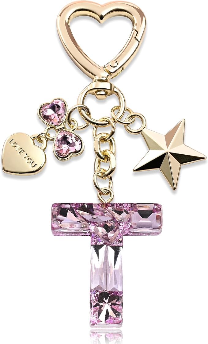 El Regalo Personalized Glitter Initial Letter Keychain for Girls & Women - Cute Pink Resin Alphabet Keyring with Heart & Star Charms - Fancy Luxury Bag Accessory & Birthday Gift (Letter T)