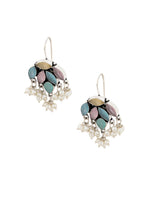 El Regalo 925 Silver Plated Stones Studded Cluster Pearls Dangle Hook Oxidized Earrings - Handcrafted Elegant Jewelry for Women (Pastel Multi Color)
