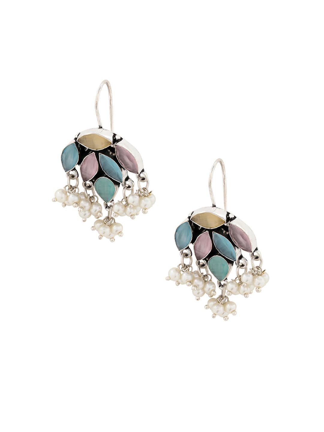 El Regalo 925 Silver Plated Stones Studded Cluster Pearls Dangle Hook Oxidized Earrings - Handcrafted Elegant Jewelry for Women (Pastel Multi Color)