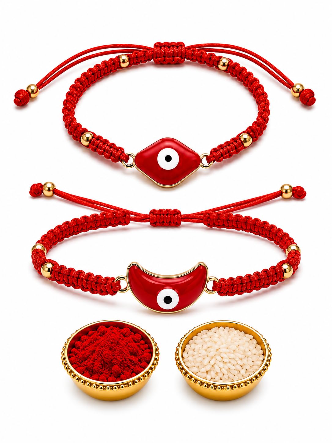 El Regalo Lucky Kabbalah Blue Turkish Evil Eye Hamasa Hand Red Macrame Rakhi Set for Bhaiya & Bhabhi (Star Turkish Evil Eye Stones)